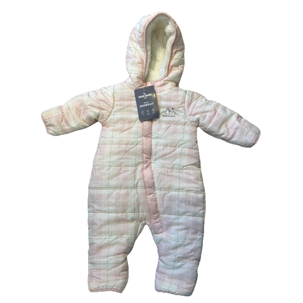 NewEddie Bauer Baby Girl Quilted Fleece-lined Snowsuit Pink Plaid Hooded Sz 3-6M